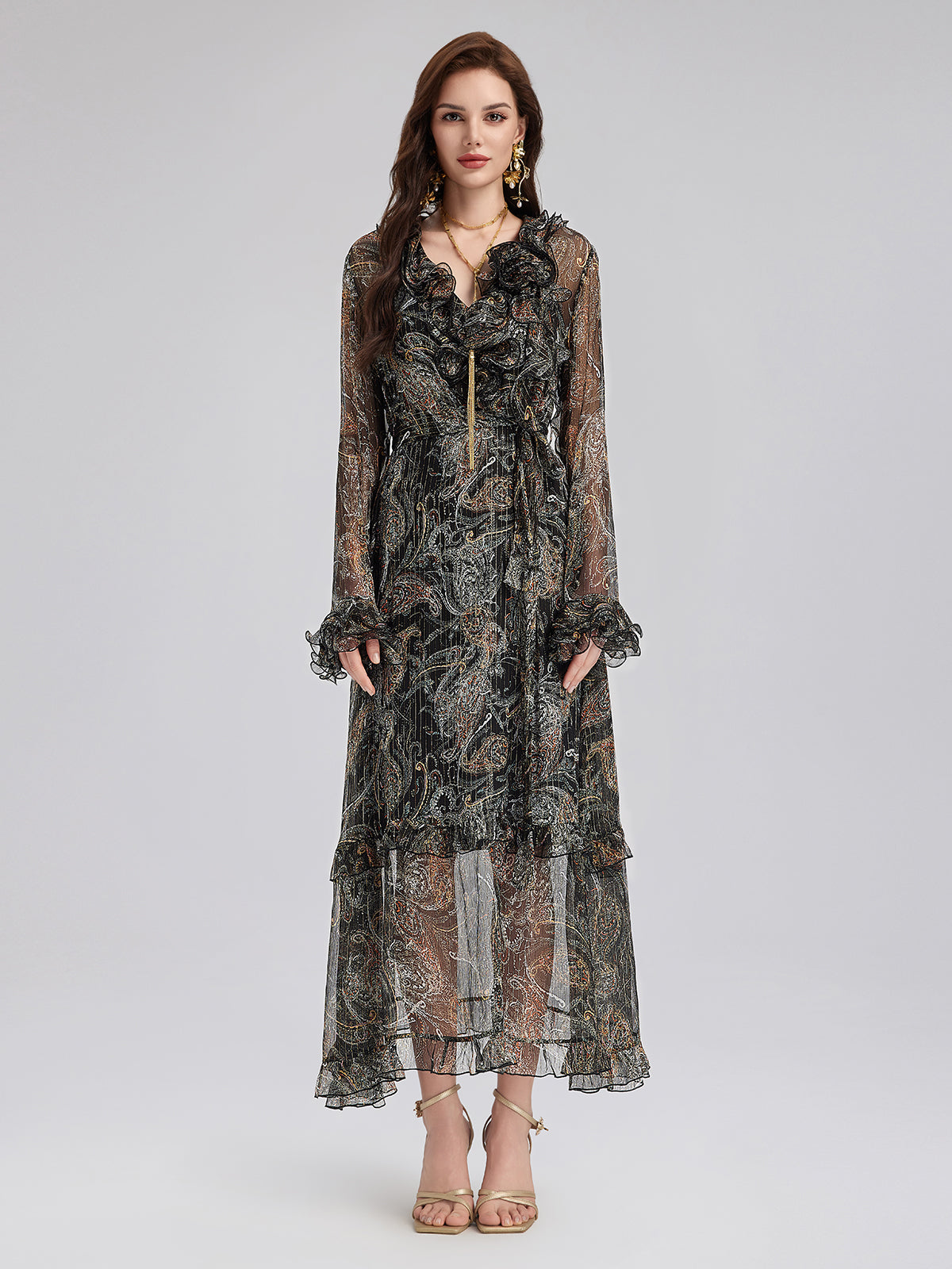 Şal Desenli Fırfırlı V Yaka İpek Elbise