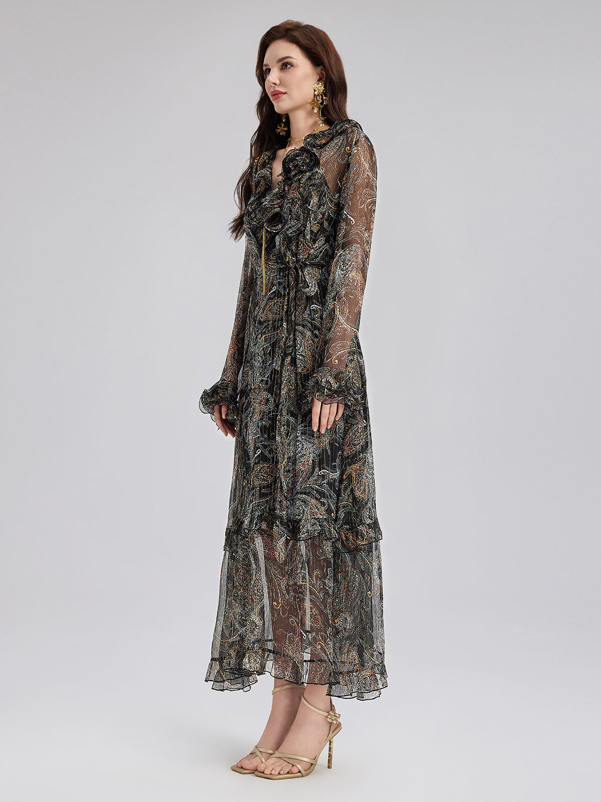 Şal Desenli Fırfırlı V Yaka İpek Elbise