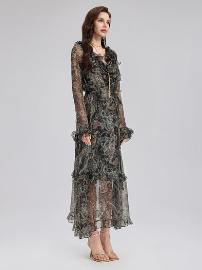 Şal Desenli Fırfırlı V Yaka İpek Elbise