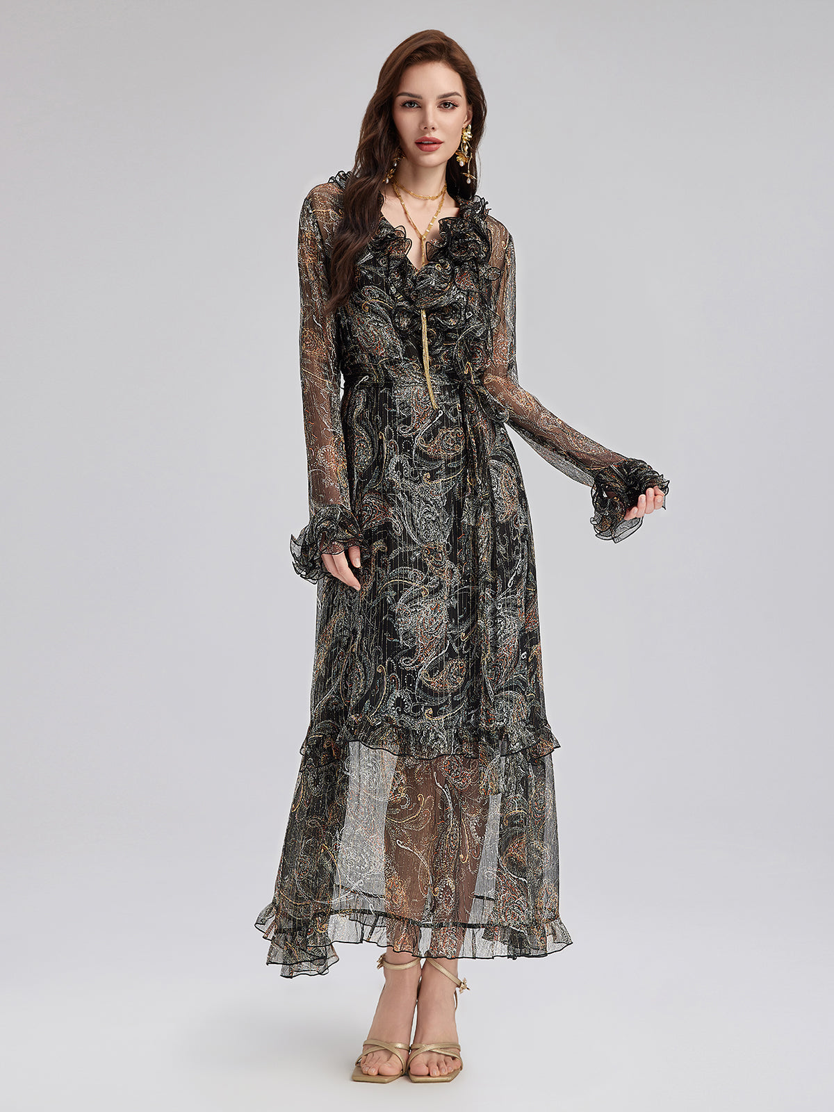 Şal Desenli Fırfırlı V Yaka İpek Elbise