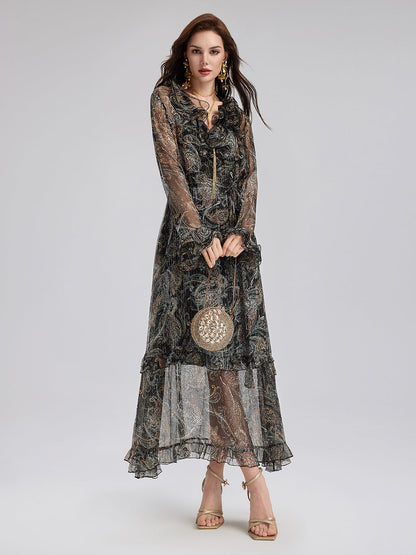 Şal Desenli Fırfırlı V Yaka İpek Elbise