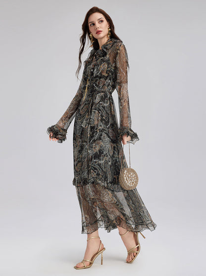 Şal Desenli Fırfırlı V Yaka İpek Elbise