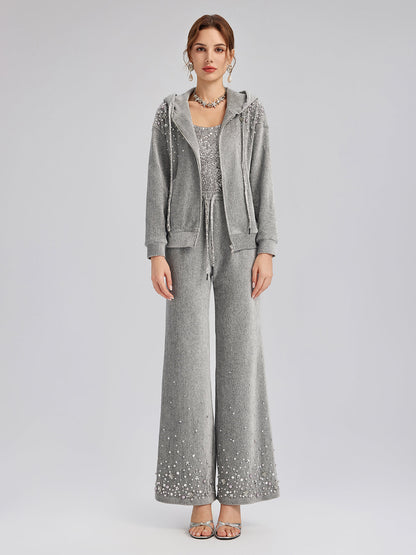 Şönil Fitilli Boncuklu Düz Pantolon