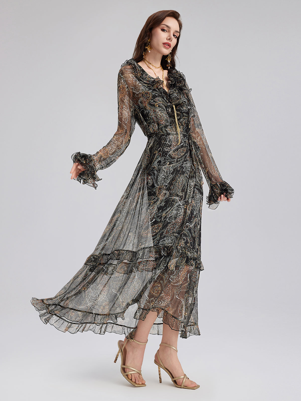 Şal Desenli Fırfırlı V Yaka İpek Elbise