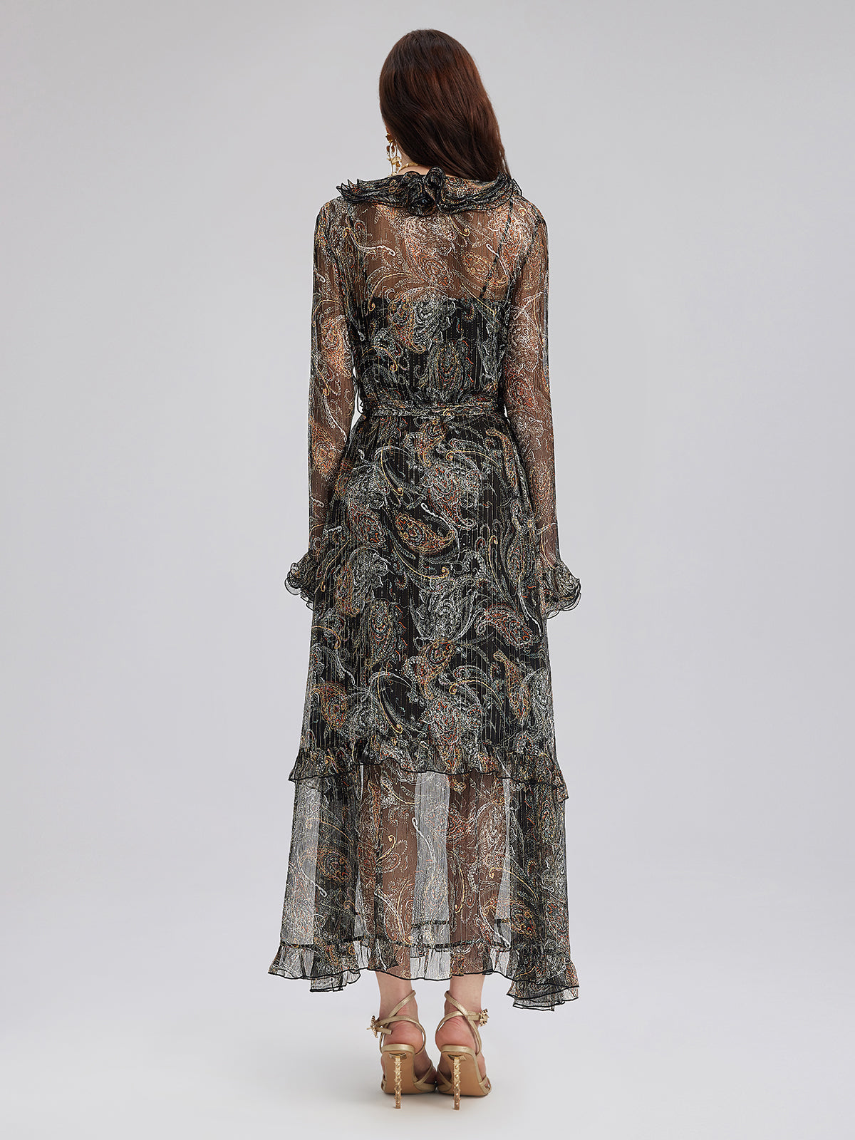 Şal Desenli Fırfırlı V Yaka İpek Elbise