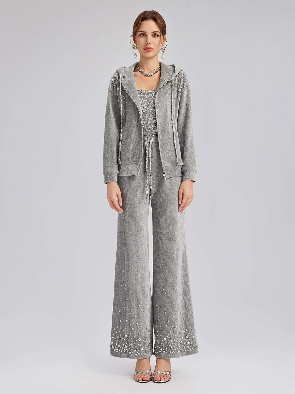 Şönil Fitilli Boncuklu Kapüşonlu Fermuarlı Ceket