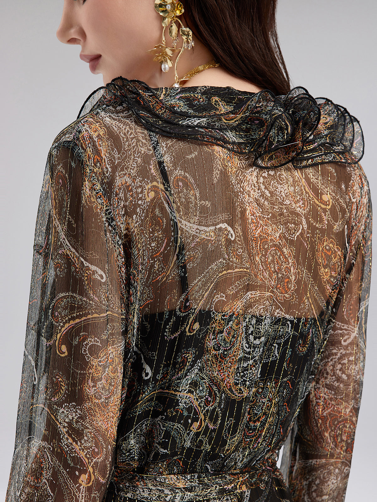 Şal Desenli Fırfırlı V Yaka İpek Elbise