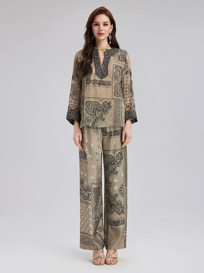 Fransız Keten Görünümlü Şal Desenli Bluz