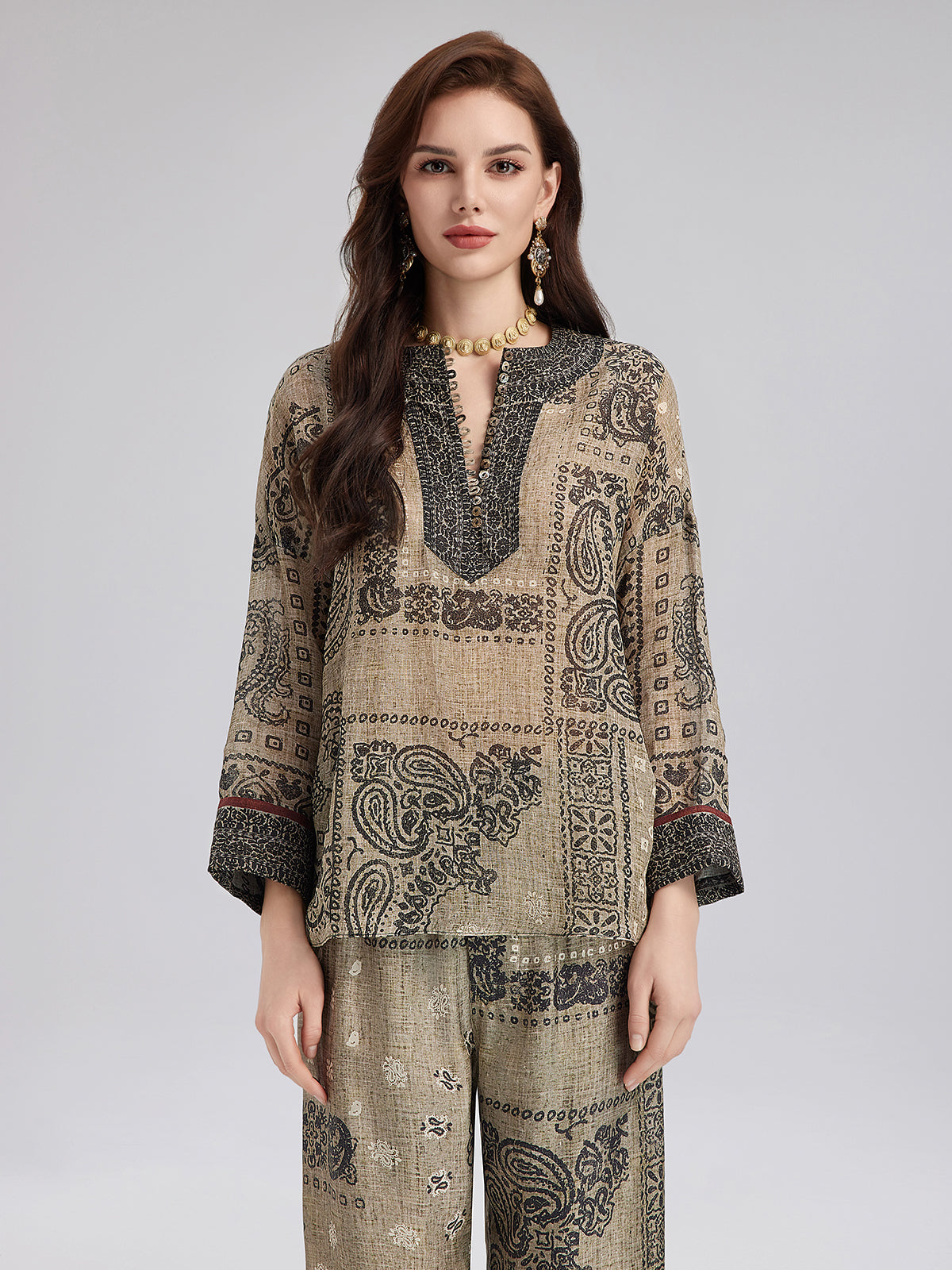 Fransız Keten Görünümlü Şal Desenli Bluz