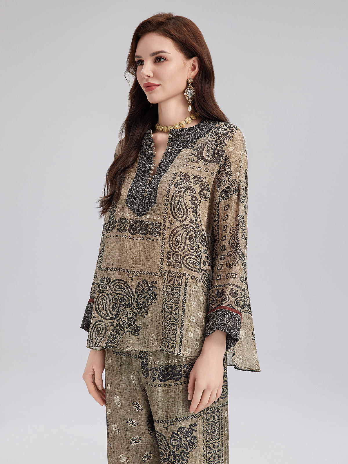 Fransız Keten Görünümlü Şal Desenli Bluz