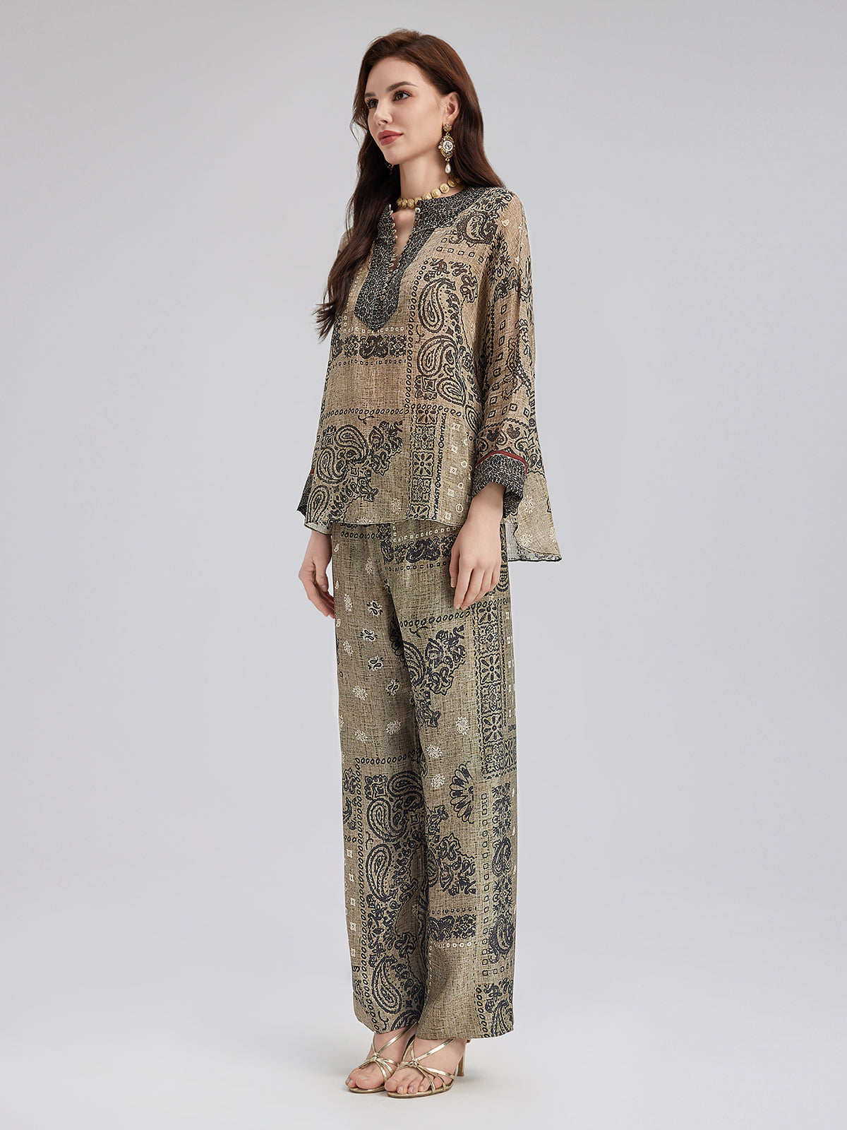 Fransız Keten Görünümlü Şal Desenli Bluz