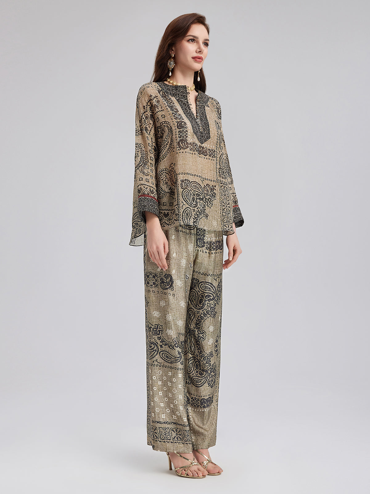 Fransız Keten Görünümlü Şal Desenli Bluz