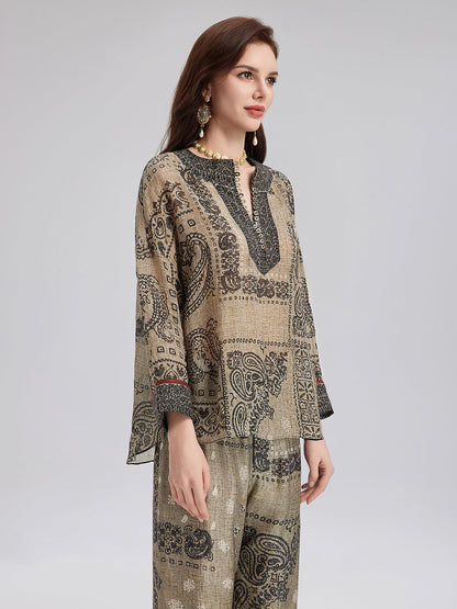 Fransız Keten Görünümlü Şal Desenli Bluz