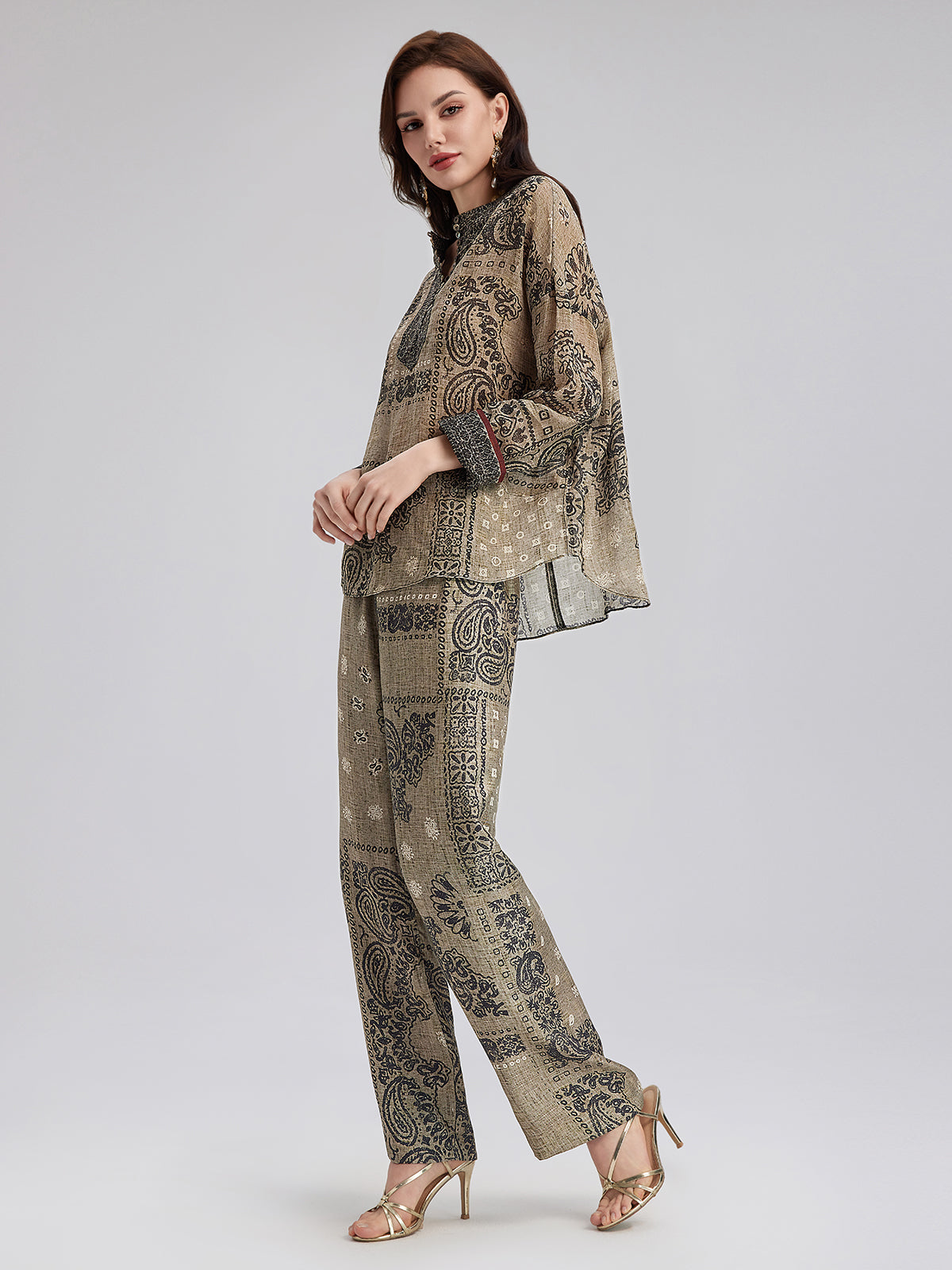 Fransız Keten Görünümlü Şal Desenli Bluz