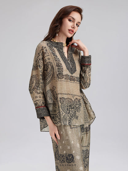 Fransız Keten Görünümlü Şal Desenli Bluz