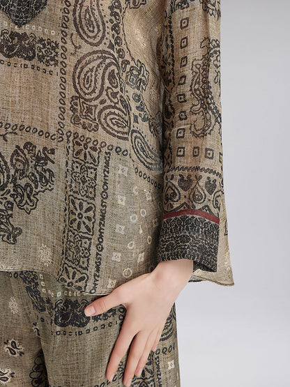 Fransız Keten Görünümlü Şal Desenli Bluz