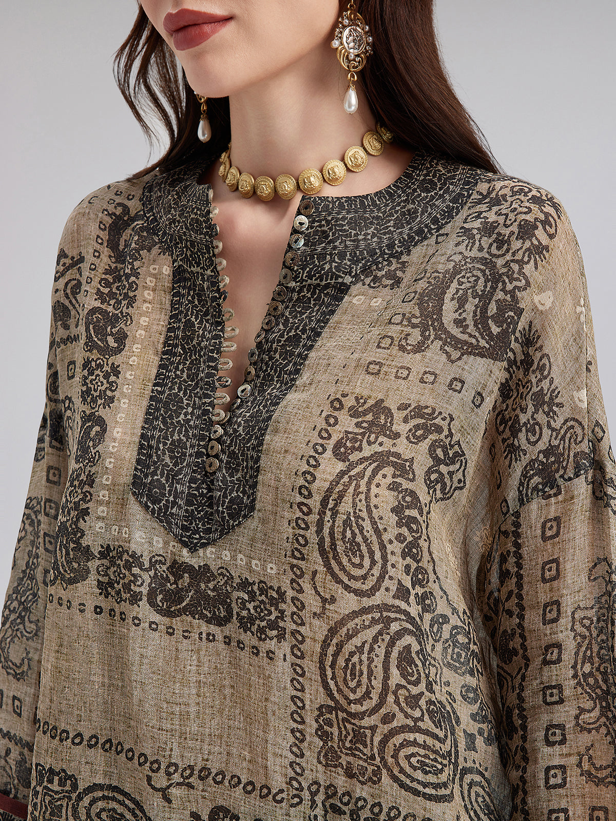 Fransız Keten Görünümlü Şal Desenli Bluz