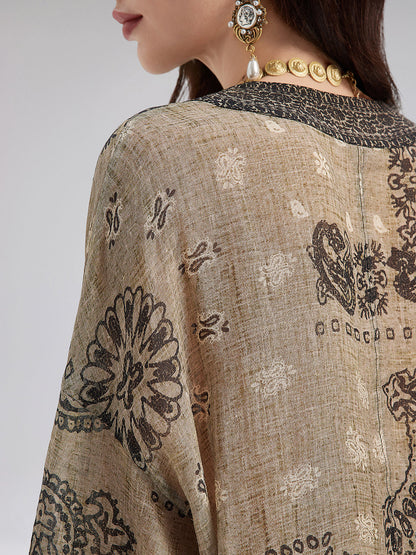 Fransız Keten Görünümlü Şal Desenli Bluz