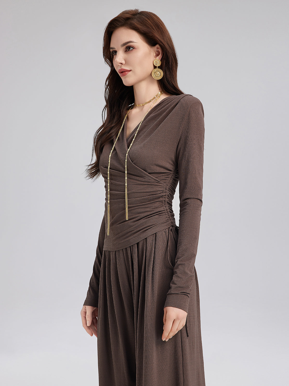 Büzgülü Kruvaze V Yaka Triko Bluz