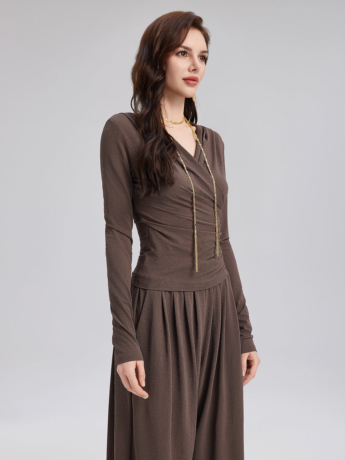 Büzgülü Kruvaze V Yaka Triko Bluz