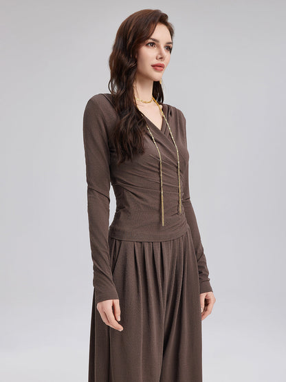 Büzgülü Kruvaze V Yaka Triko Bluz