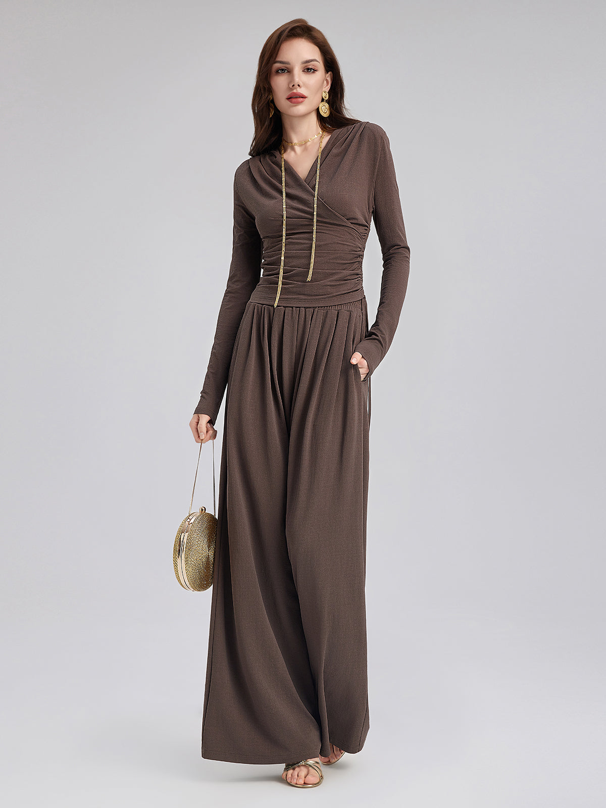 Büzgülü Kruvaze V Yaka Triko Bluz