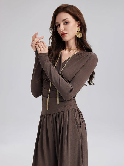 Büzgülü Kruvaze V Yaka Triko Bluz