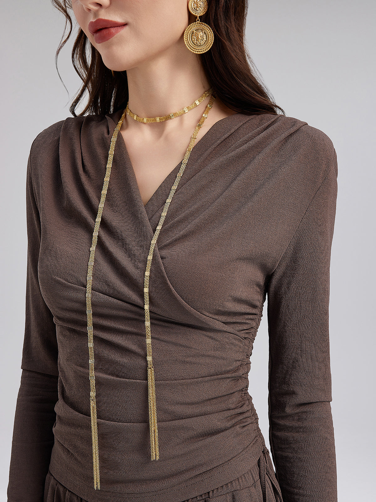 Büzgülü Kruvaze V Yaka Triko Bluz