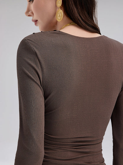 Büzgülü Kruvaze V Yaka Triko Bluz