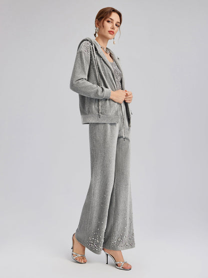 Şönil Fitilli Boncuklu Düz Pantolon