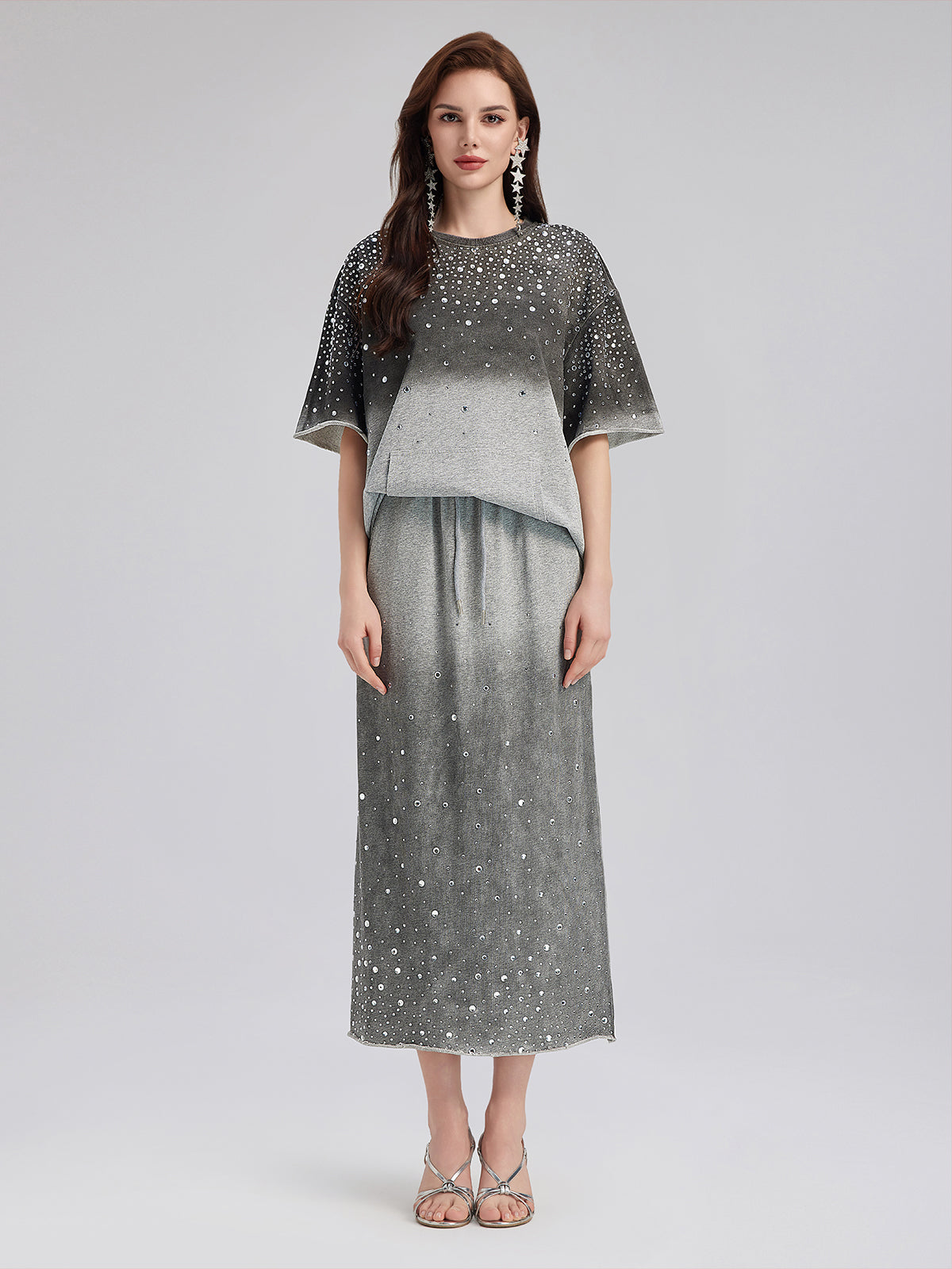 Renk Geçişli Kaplama Taşlı Triko Tişört