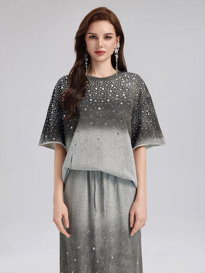 Renk Geçişli Kaplama Taşlı Triko Tişört