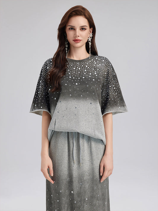 Renk Geçişli Kaplama Taşlı Triko Tişört