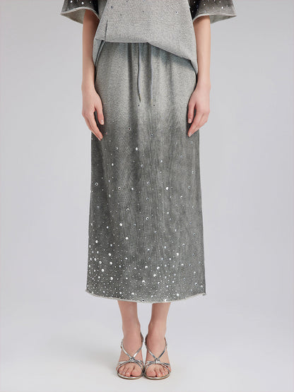 Renk Geçişli Kaplama Taşlı Triko Etek