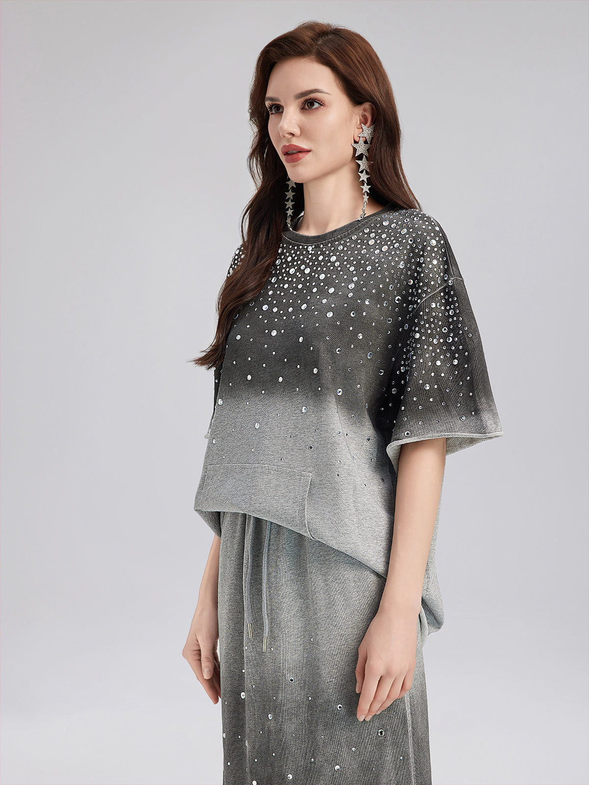 Renk Geçişli Kaplama Taşlı Triko Tişört