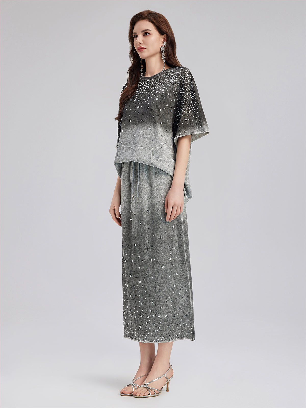 Renk Geçişli Kaplama Taşlı Triko Tişört