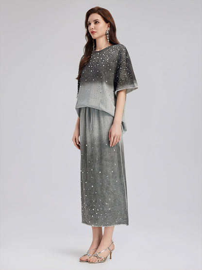 Renk Geçişli Kaplama Taşlı Triko Tişört