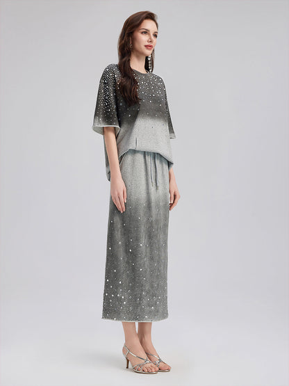 Renk Geçişli Kaplama Taşlı Triko Etek