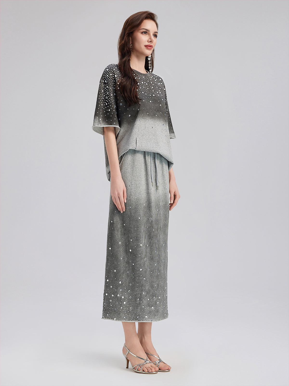 Renk Geçişli Kaplama Taşlı Triko Tişört