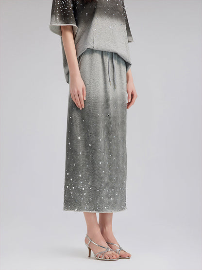 Renk Geçişli Kaplama Taşlı Triko Etek