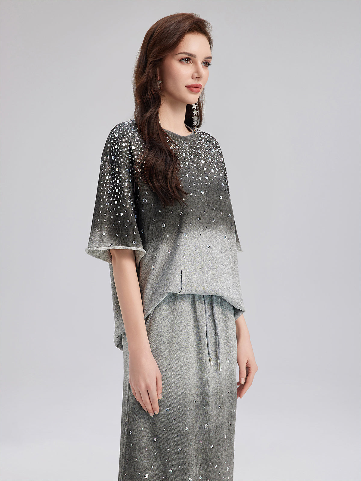 Renk Geçişli Kaplama Taşlı Triko Tişört