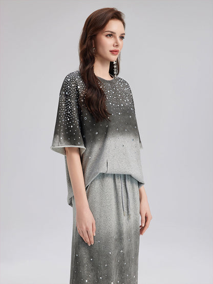 Renk Geçişli Kaplama Taşlı Triko Tişört