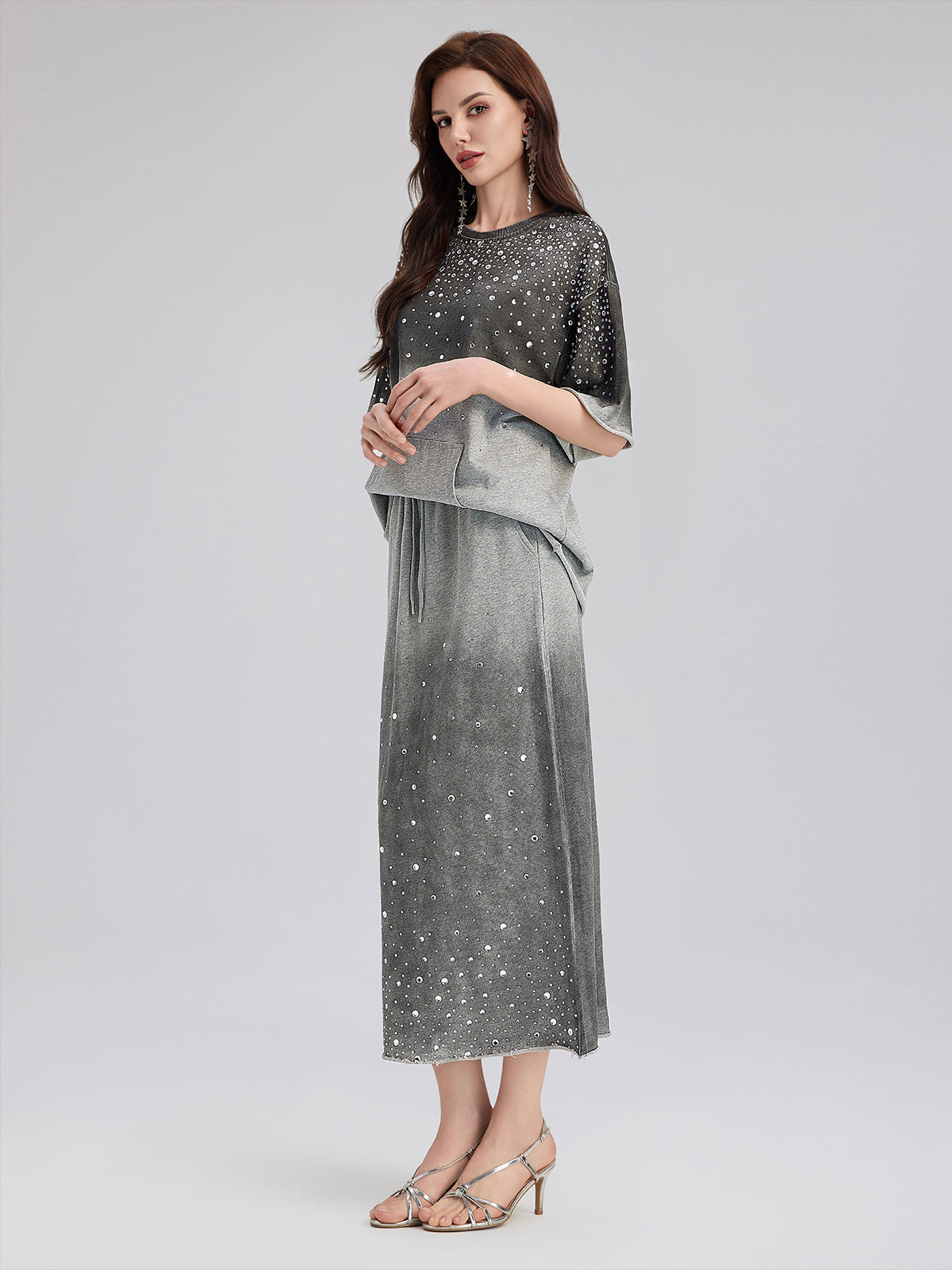 Renk Geçişli Kaplama Taşlı Triko Tişört