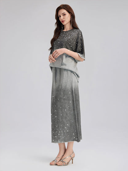 Renk Geçişli Kaplama Taşlı Triko Tişört