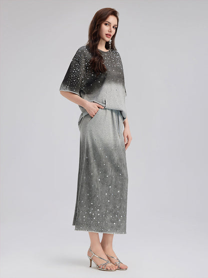 Renk Geçişli Kaplama Taşlı Triko Etek