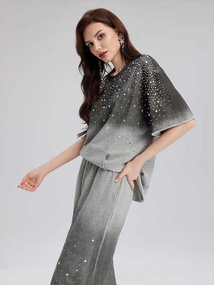 Renk Geçişli Kaplama Taşlı Triko Tişört