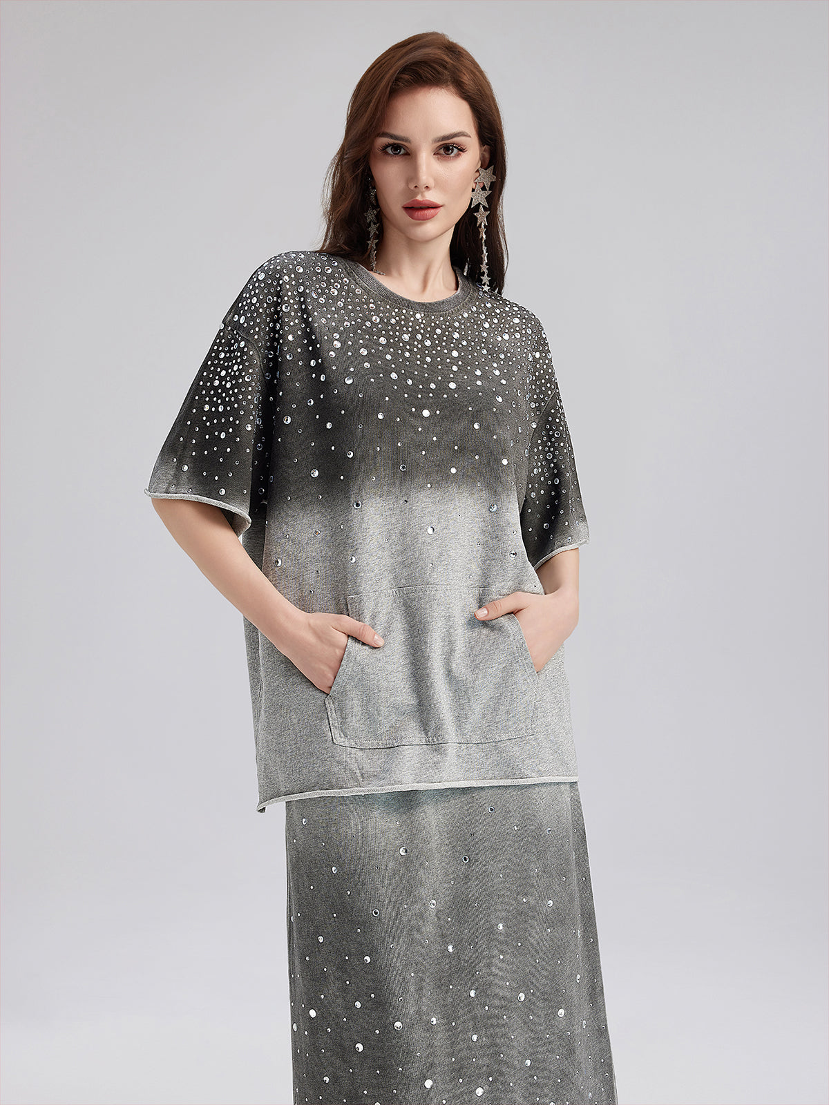 Renk Geçişli Kaplama Taşlı Triko Tişört