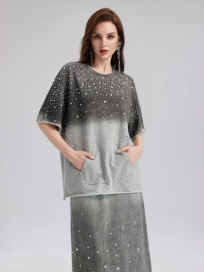 Renk Geçişli Kaplama Taşlı Triko Tişört