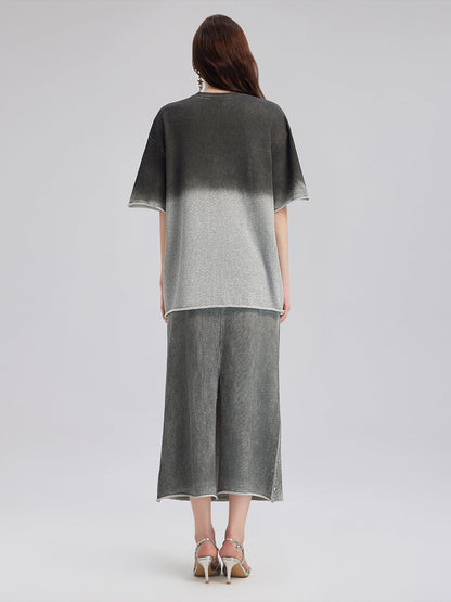 Renk Geçişli Kaplama Taşlı Triko Tişört