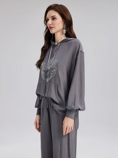 El Yapımı Taşlı Kapüşonlu Sweatshirt